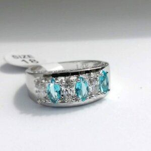 14k Real White Gold Plated Ring Blue Silver